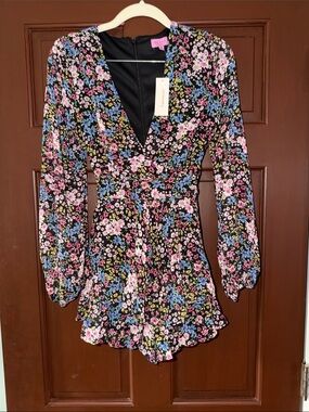 miami Floral Wrap V-Neck Blouse in Black with Pink & Blue Flowers